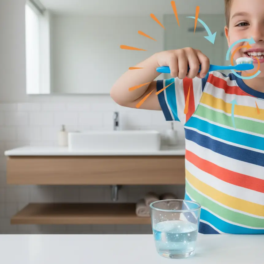 Children brushing teeth routine, oral rinse usage