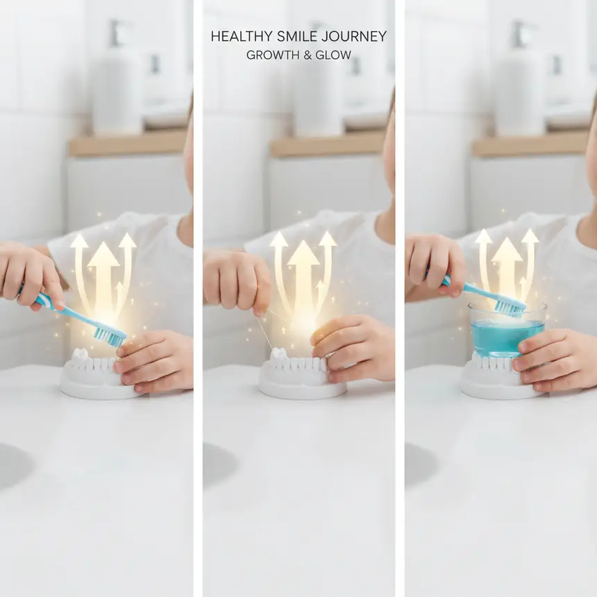 Child oral care brushing flossing mouthwash