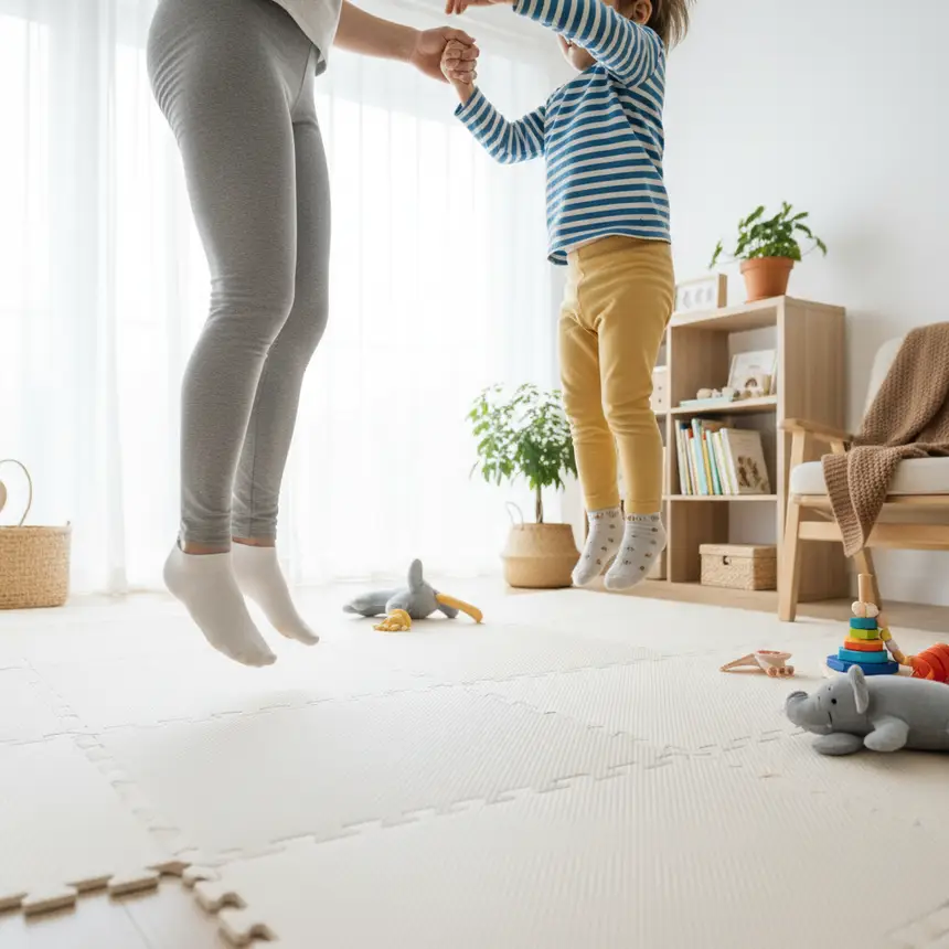 Child playing safely indoors, family activity