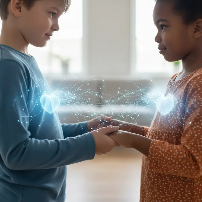 Children interacting empathetically, neural connection, emotional understanding