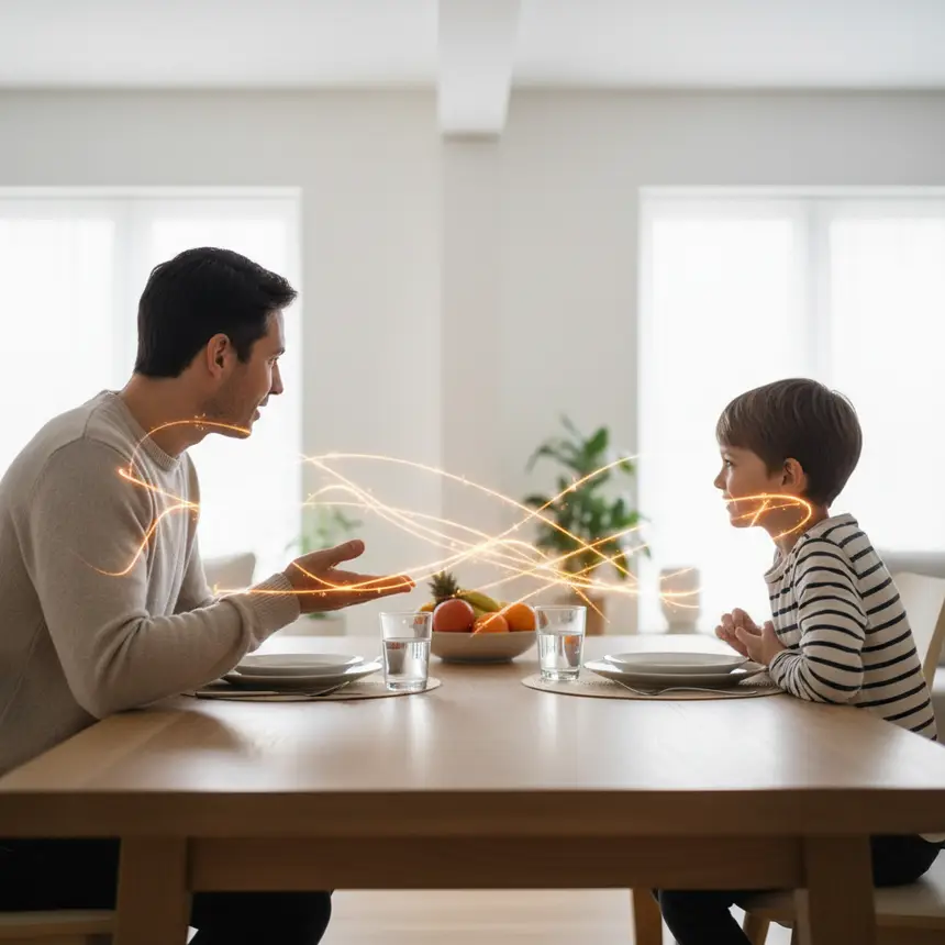 Family conversation, positive communication flow, mealtime