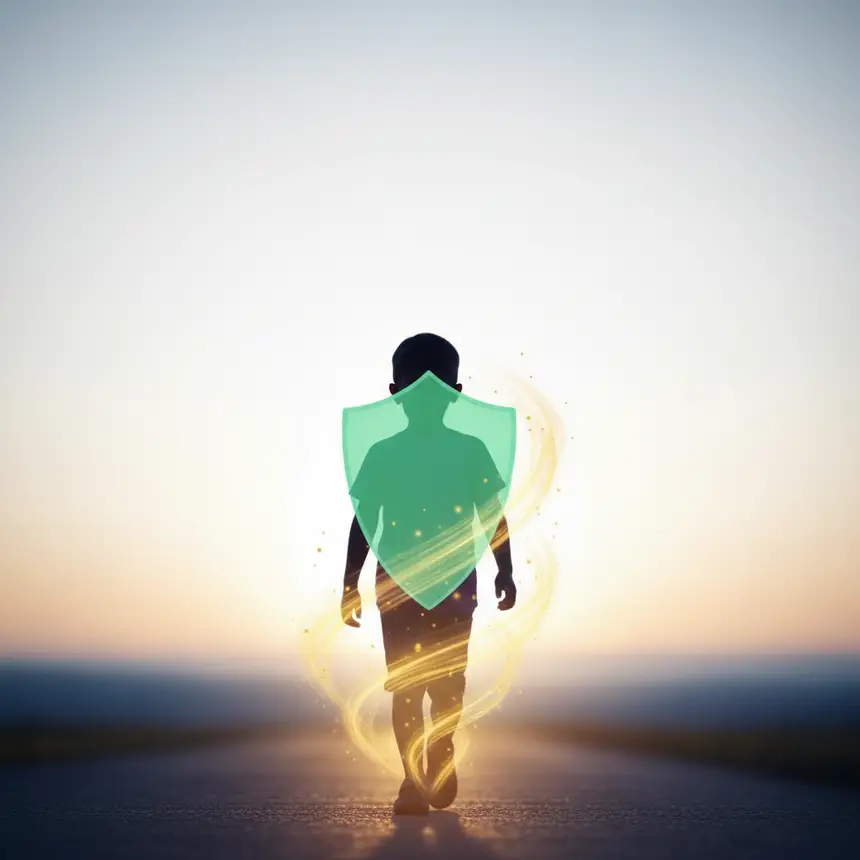 Child silhouette, confident walk, protective aura, healthy growth