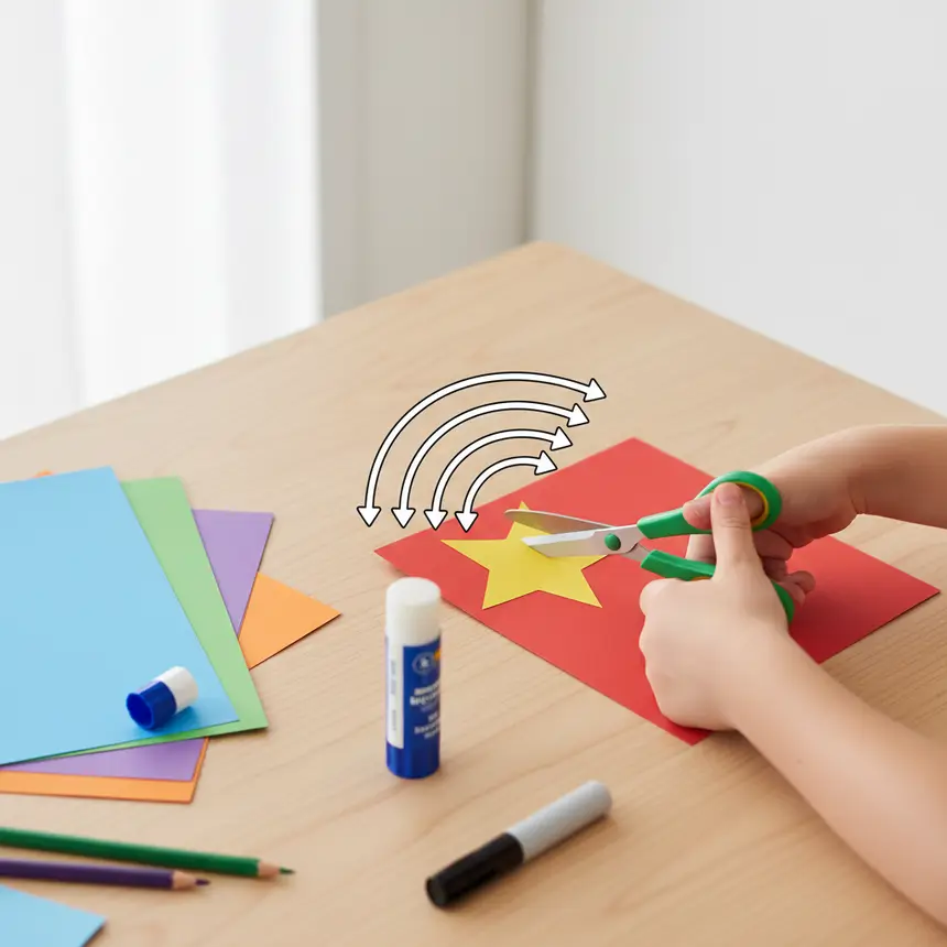 Child's hands with art tools