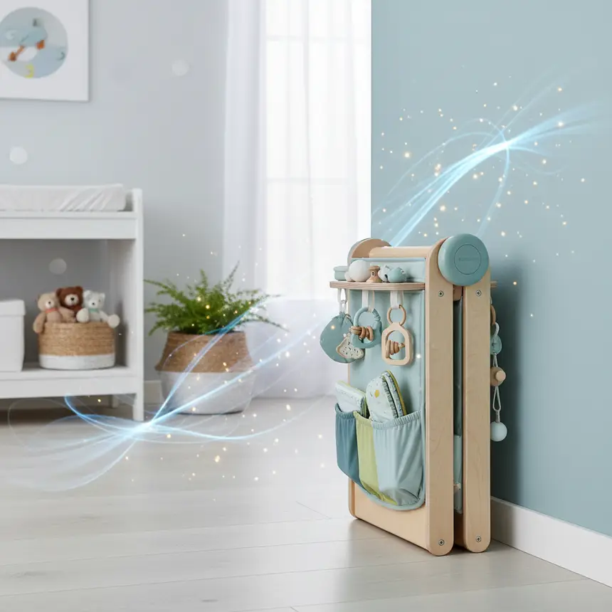 Baby activity center storage, safety