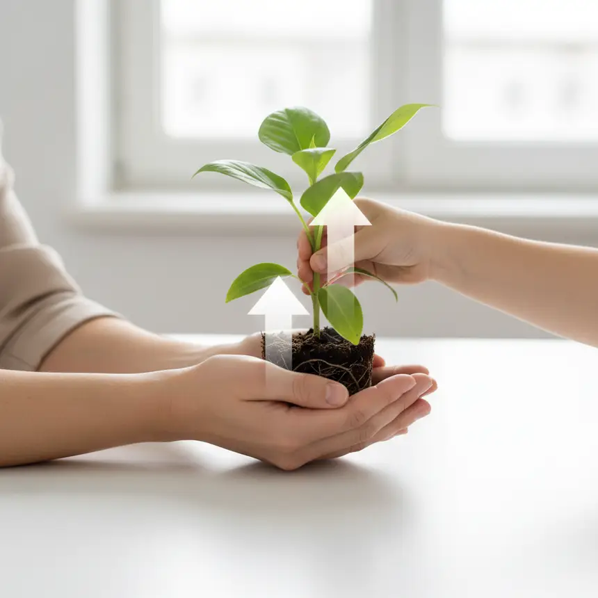 Parent and child tending plant