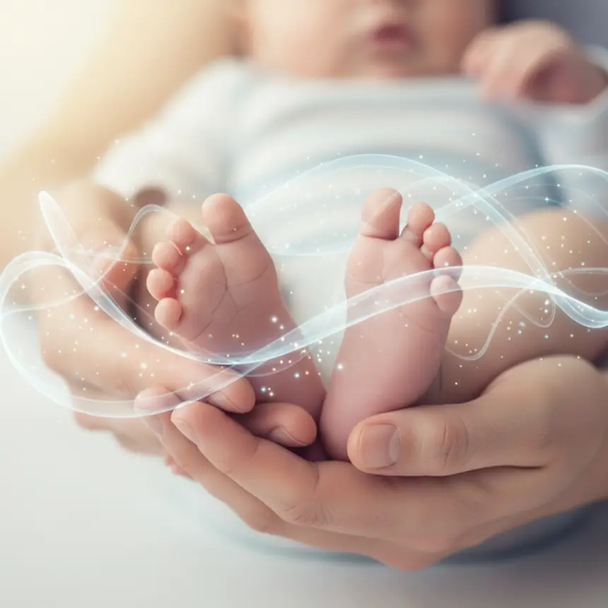 Baby feet, parent's hands, peaceful development